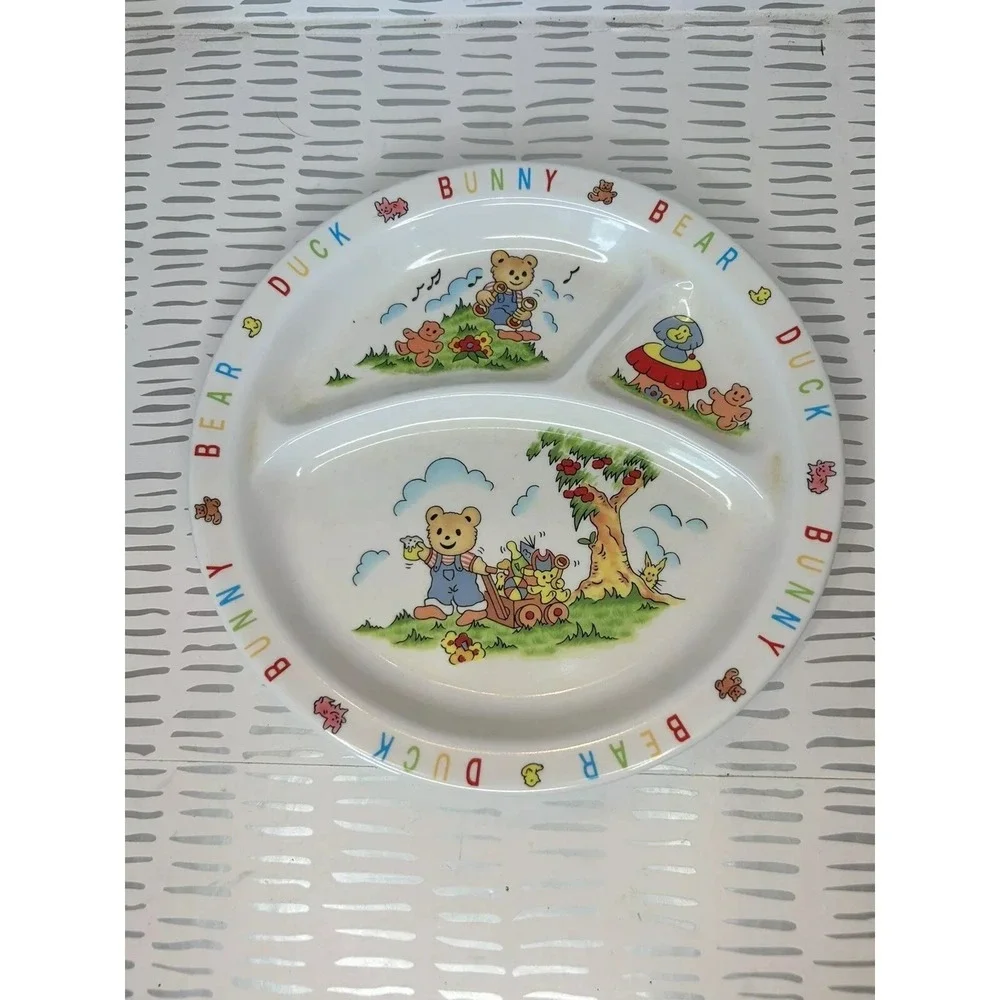 Vintage Melamine Ware Divided Kids Plate Bear Bunny Duck Nursery White Retro‎
